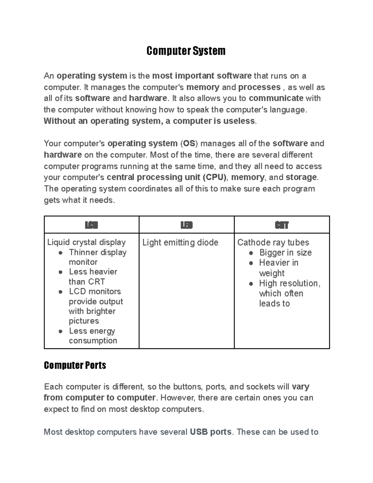 Untitled document - Notes for itd - Computer System An operating system ...