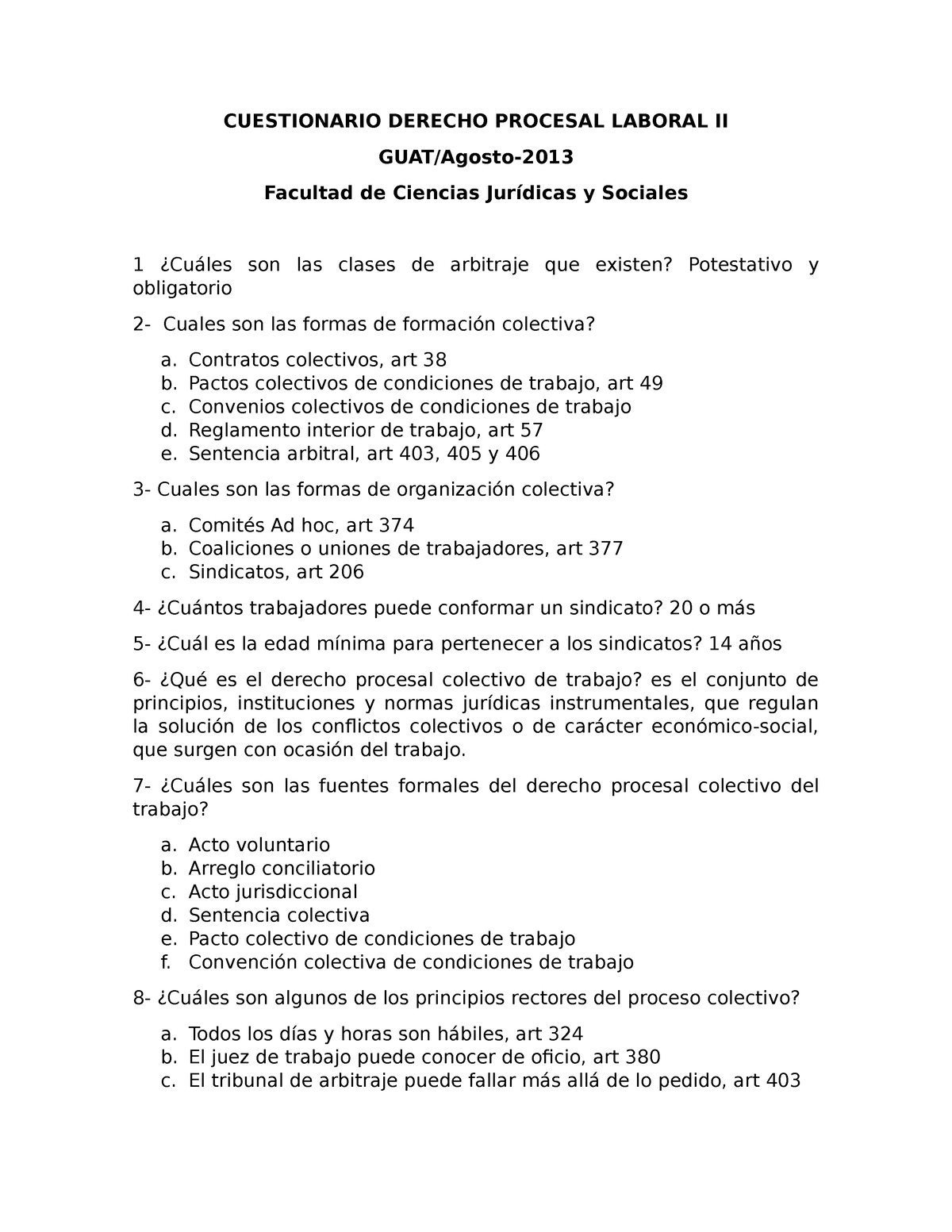 Cuestionario Derecho Procesal Del Trabajo Ii Cuestionario Derecho Procesal Laboral Ii Guat