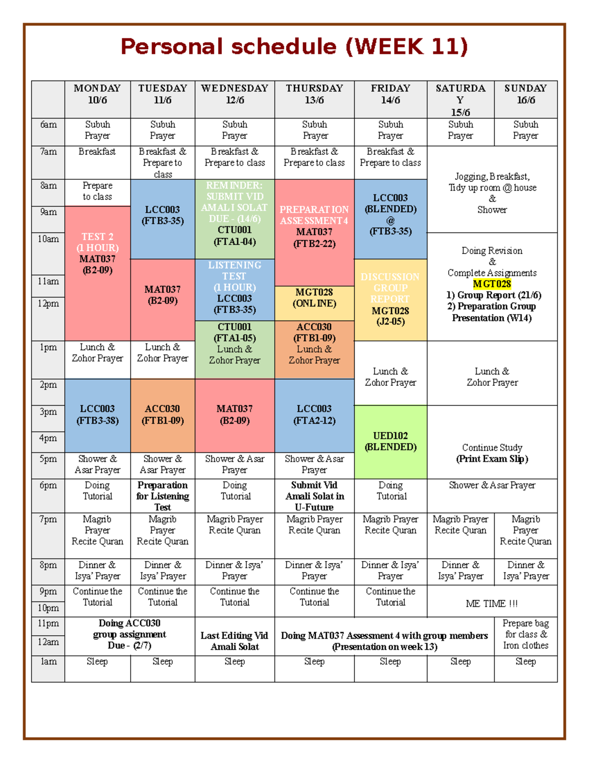 Table UED102 - Personal schedule (WEEK 11) MONDAY 10/ TUESDAY 11 ...