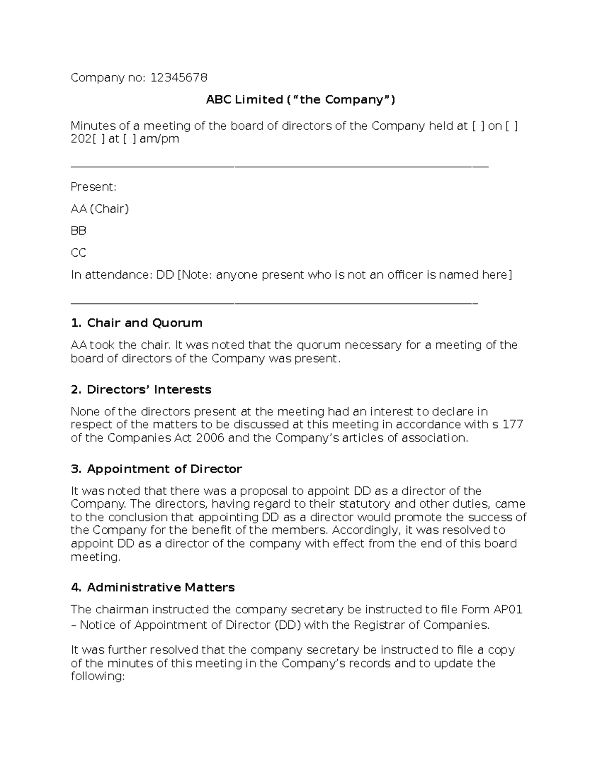 Sample - Board Minutes - Company no: 12345678 ABC Limited (“the Company ...