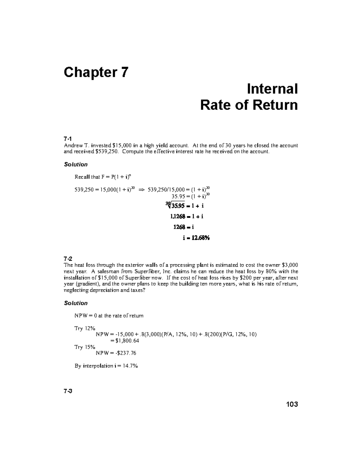 Internal Rate Of Return Chapter 7 Internal Rate Of Return 7 1 Andrew T Invested 15 000 In A High Studocu