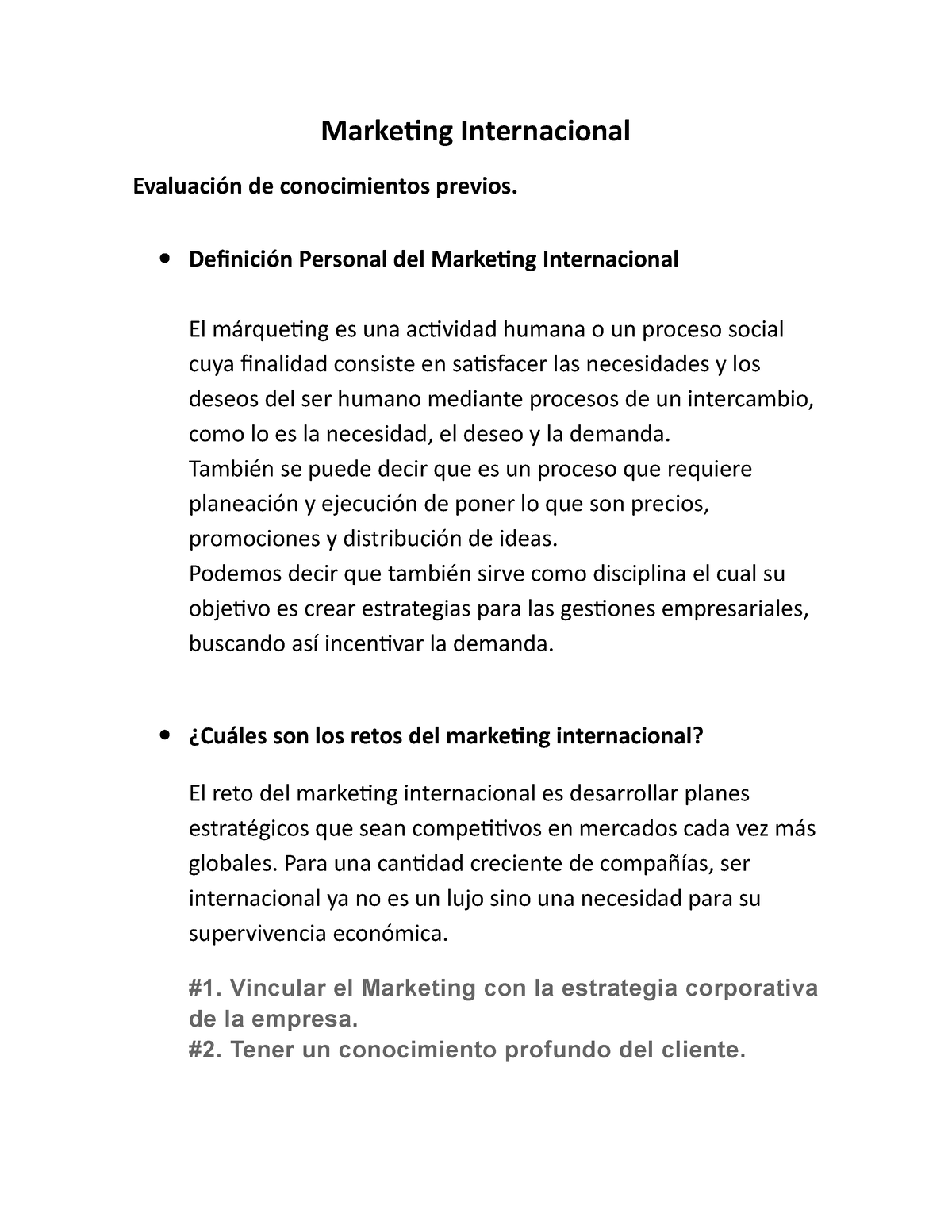 Marketing Internacional Marketing Internacional Evaluación De Conocimientos Previos 9792