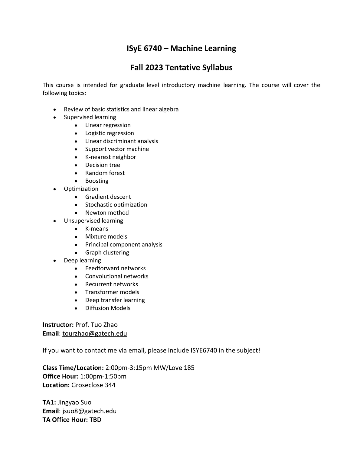 Syllabus - ISyE 6740 – Machine Learning Fall 2023 Tentative Syllabus ...