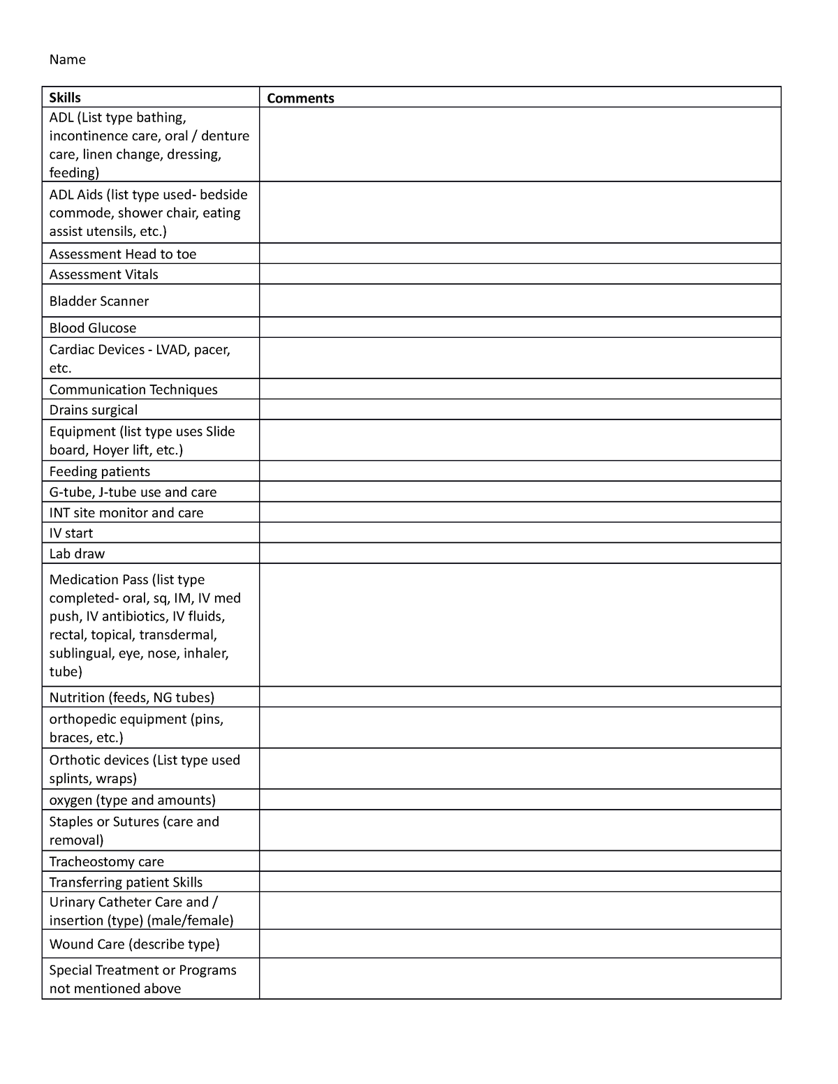 Chronic Skills (1) - Skill guide - Name Skills Comments ADL (List type ...