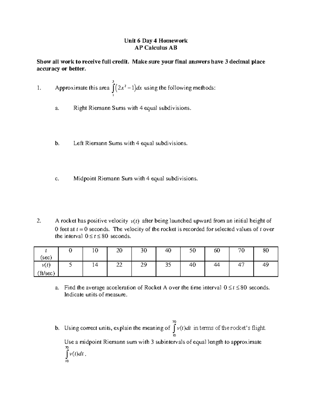 Unit+6+Day+4+Homework - Unit 6 Day 4 Homework AP Calculus AB Show all ...