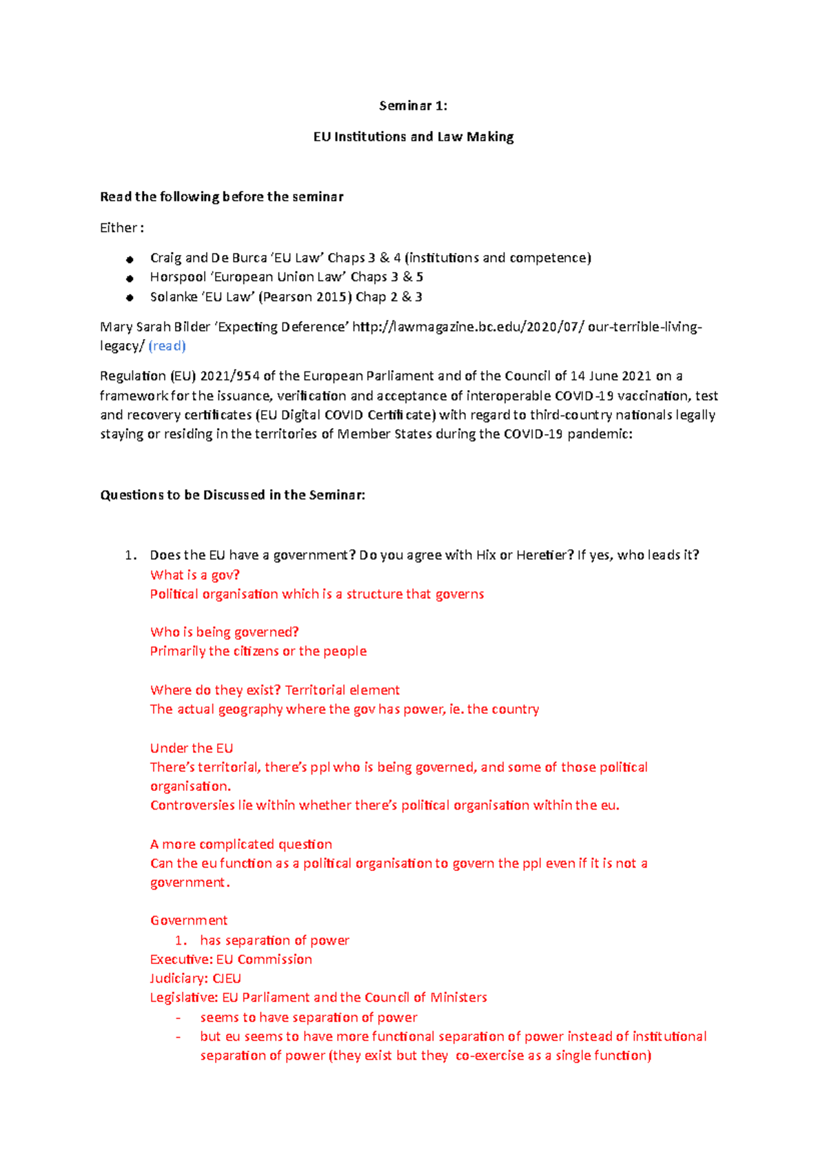Seminar 1 - EU Institutions and Law Making - Seminar 1: EU Ins/tu/ons ...
