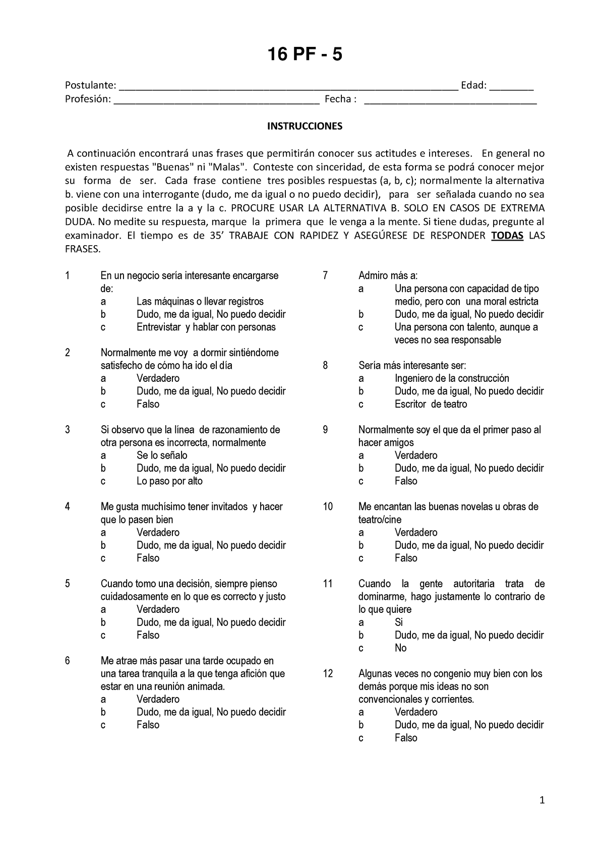 16PF-5 Preguntas Y Respuestas-16PF-5 - 16 PF - 5 Postulante: - Studocu