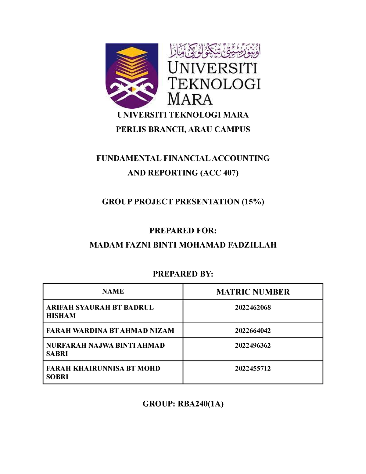 GP Assignment 1 ACC407 (TFF CAFE) - UNIVERSITI TEKNOLOGI MARA PERLIS ...