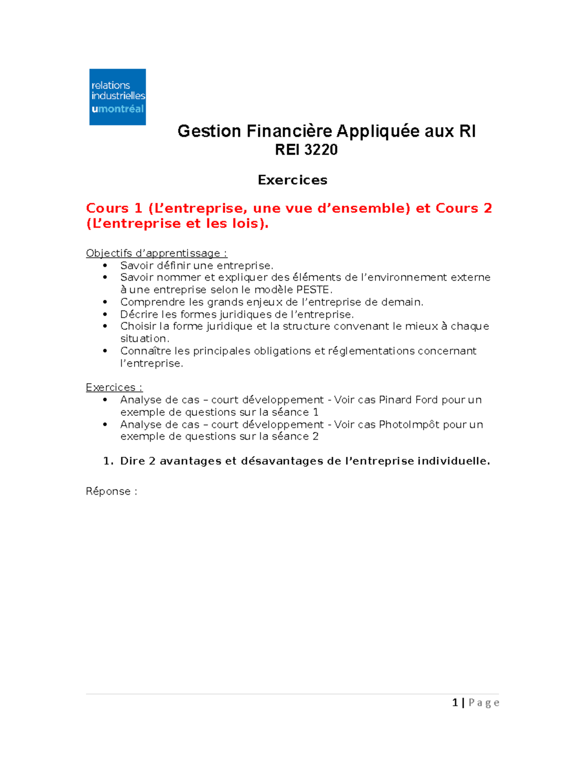 Exercices S Ance Et Gestion Financi Re Appliqu E Aux Ri Rei