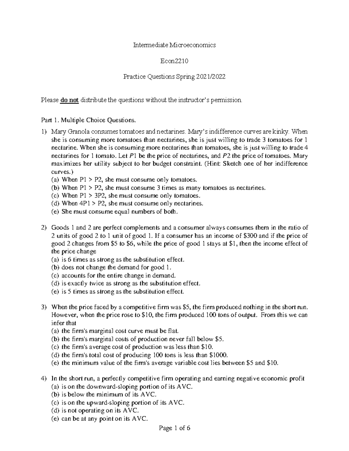 ECON2210 Practice Questions student Spring 2022 - Intermediate ...