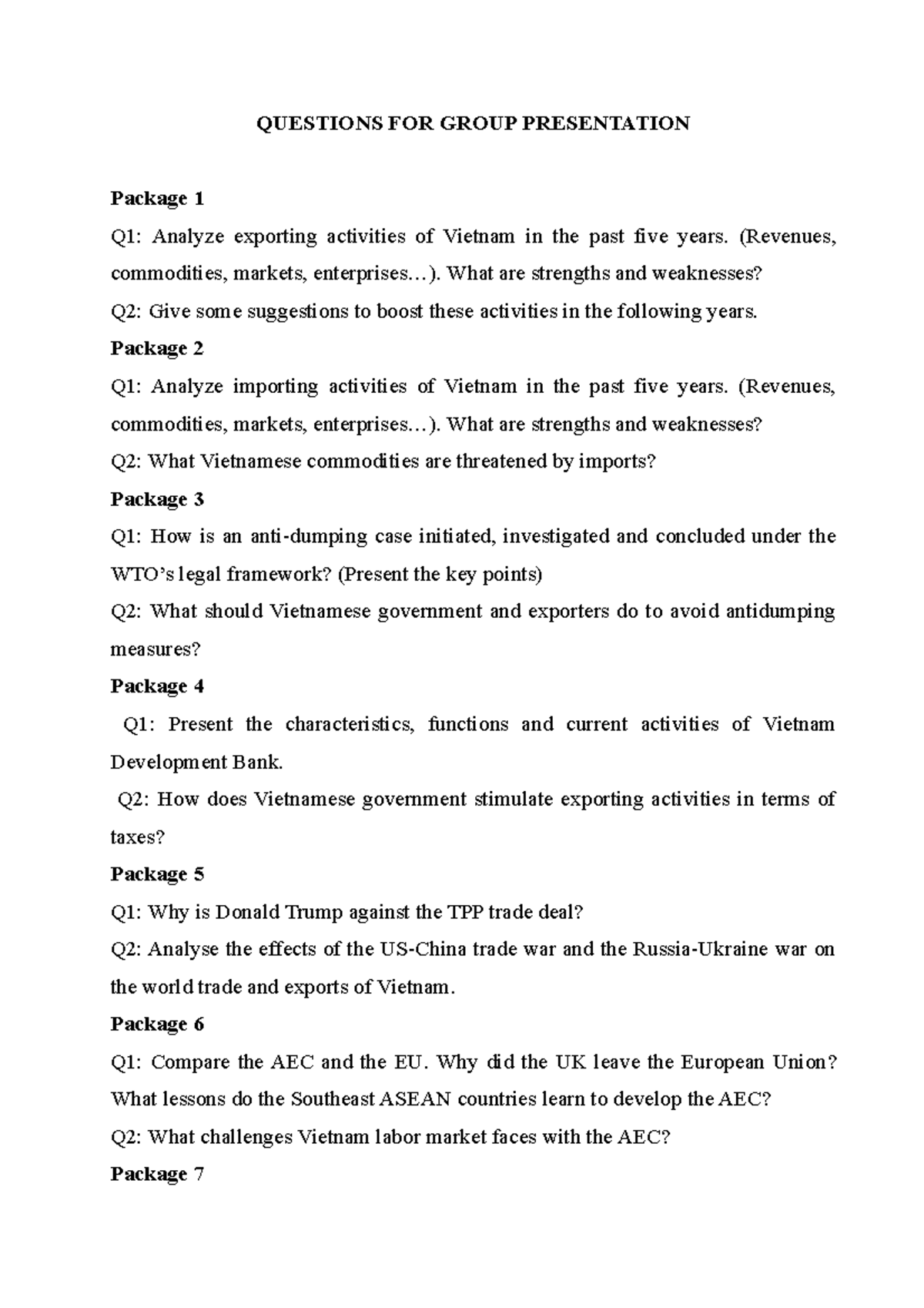 Packages of questions for mid term presentation QUESTIONS FOR GROUP