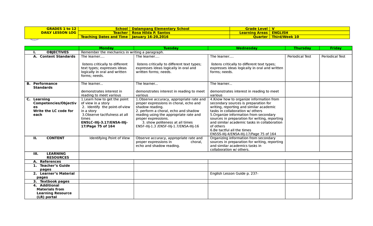 DLL Q3 All subject Week 10 - GRADES 1 to 12 DAILY LESSON LOG School ...