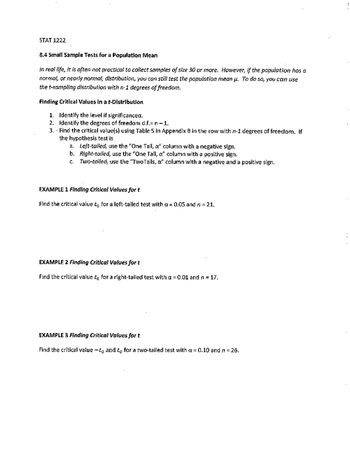 8.4 Small Sample Tests for a Population Mean NEW - STAT 1222 - Studocu