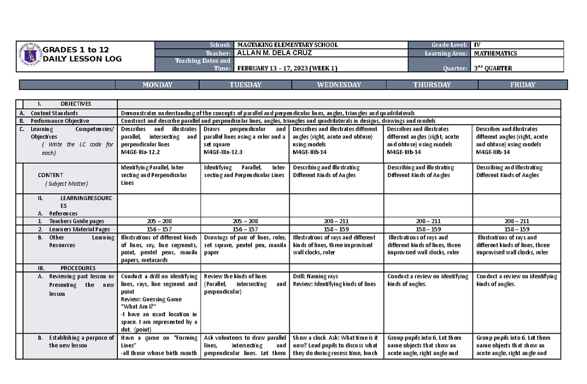 DLL Mathematics-4 Q3 W1 - GRADES 1 to 12 DAILY LESSON LOG School ...