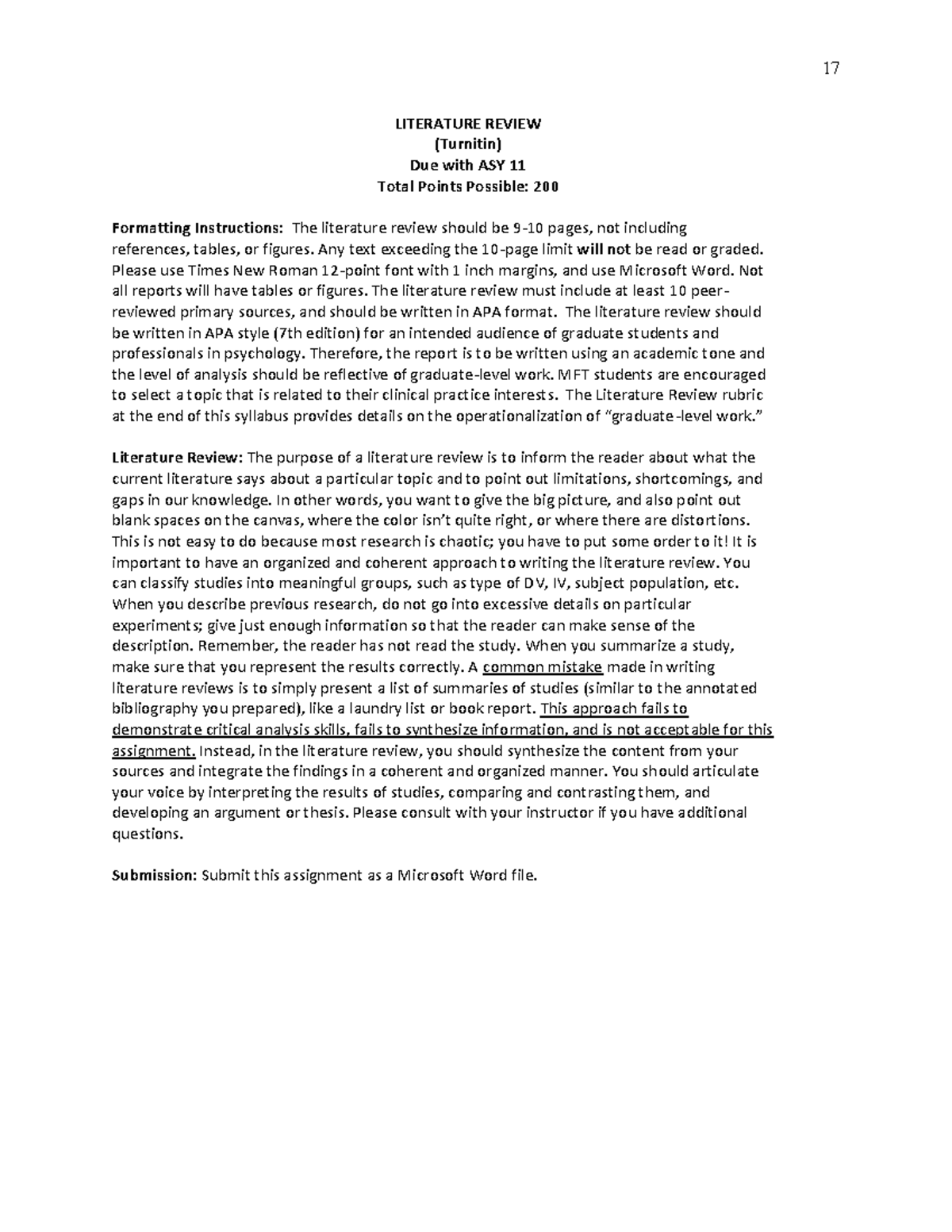 Rubric syll 17 LITERATURE REVIEW (Turnitin) Due with ASY 11 Total