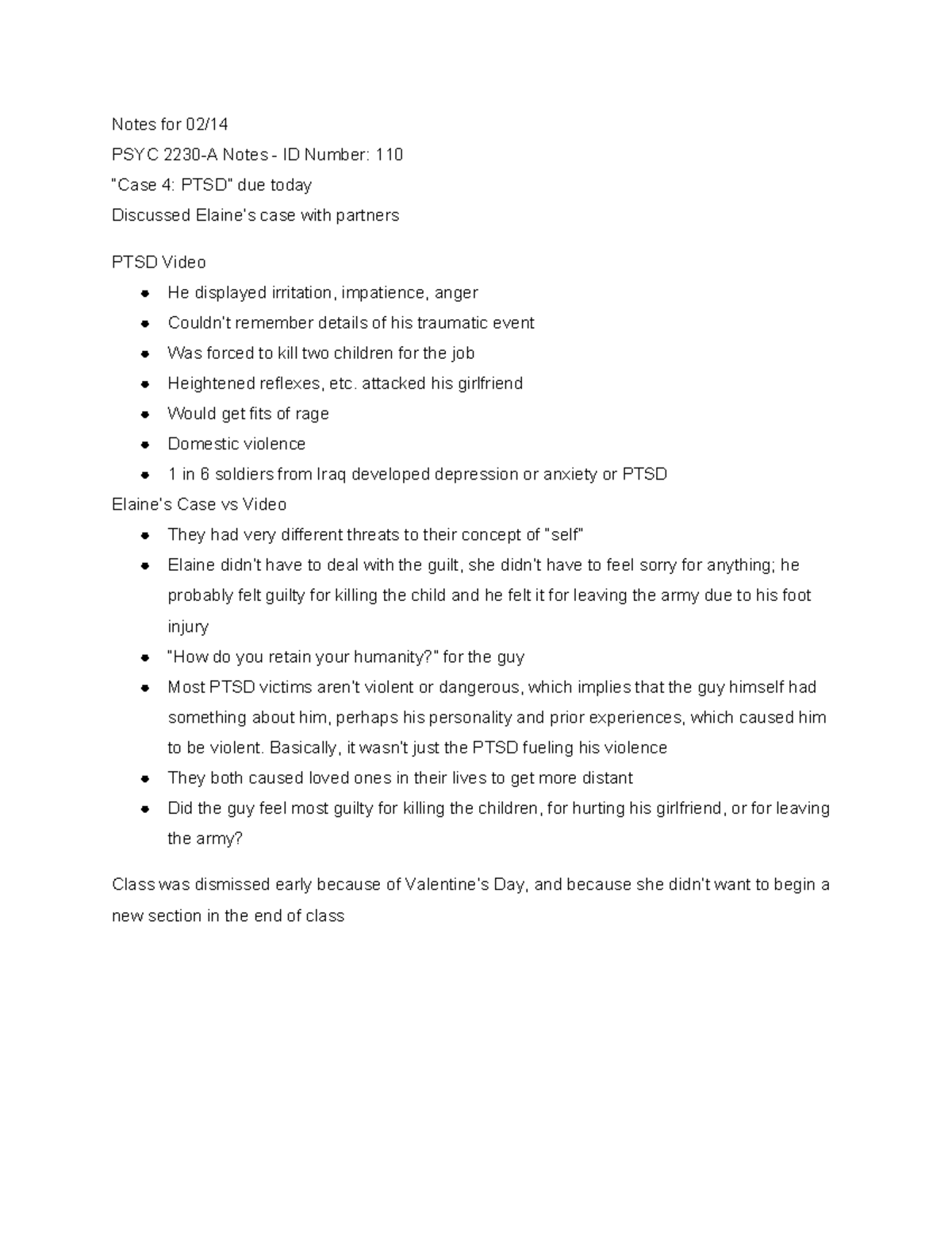 PSYC 2230 Spring 2017 - 2/14 PTSD (cont.) - Notes for 02/14 PSYC 2230-A ...