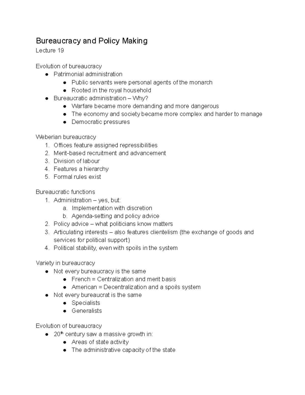 Untitled document - lecture 19 poli sci notes - Bureaucracy and Policy ...