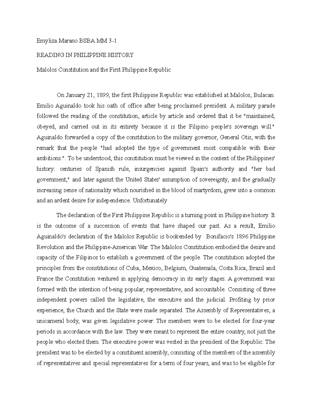 Malolos Constitution and the First Philippine Republic Emilio Aguinaldo took his oath of