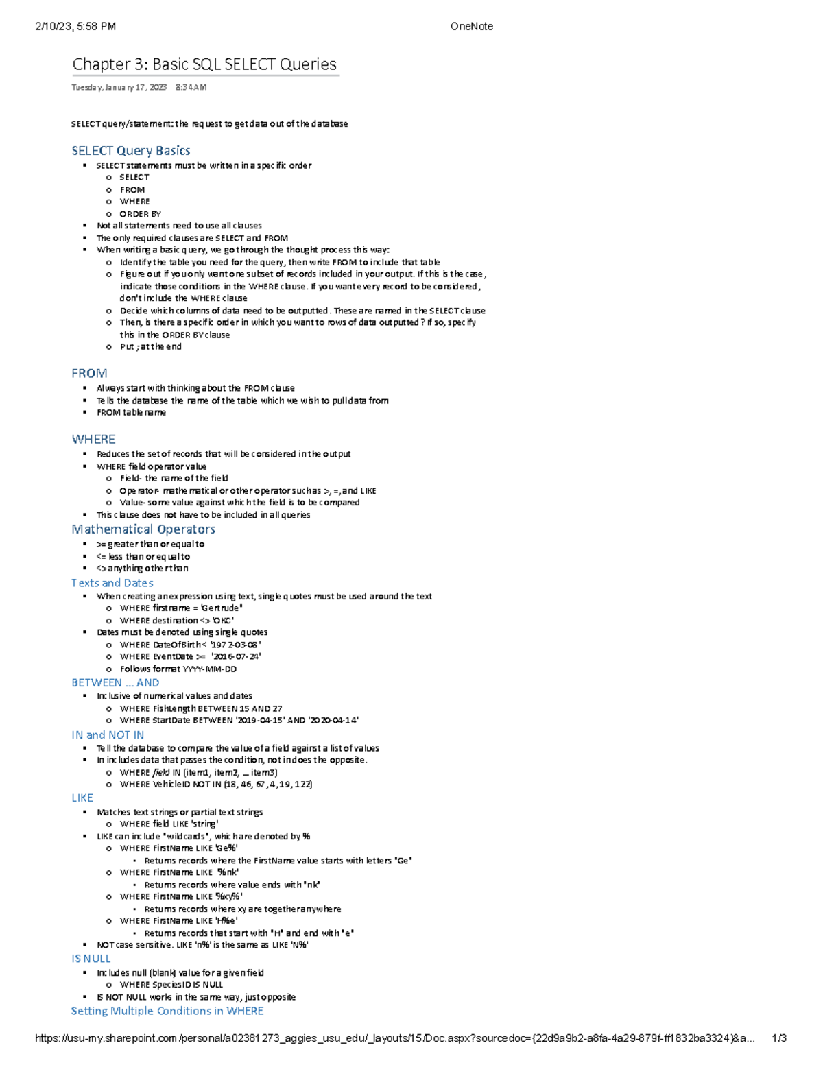 Chapter 3: Basic SQL SELECT Queries - 2/10/23, 5:58 PM OneNote - Studocu