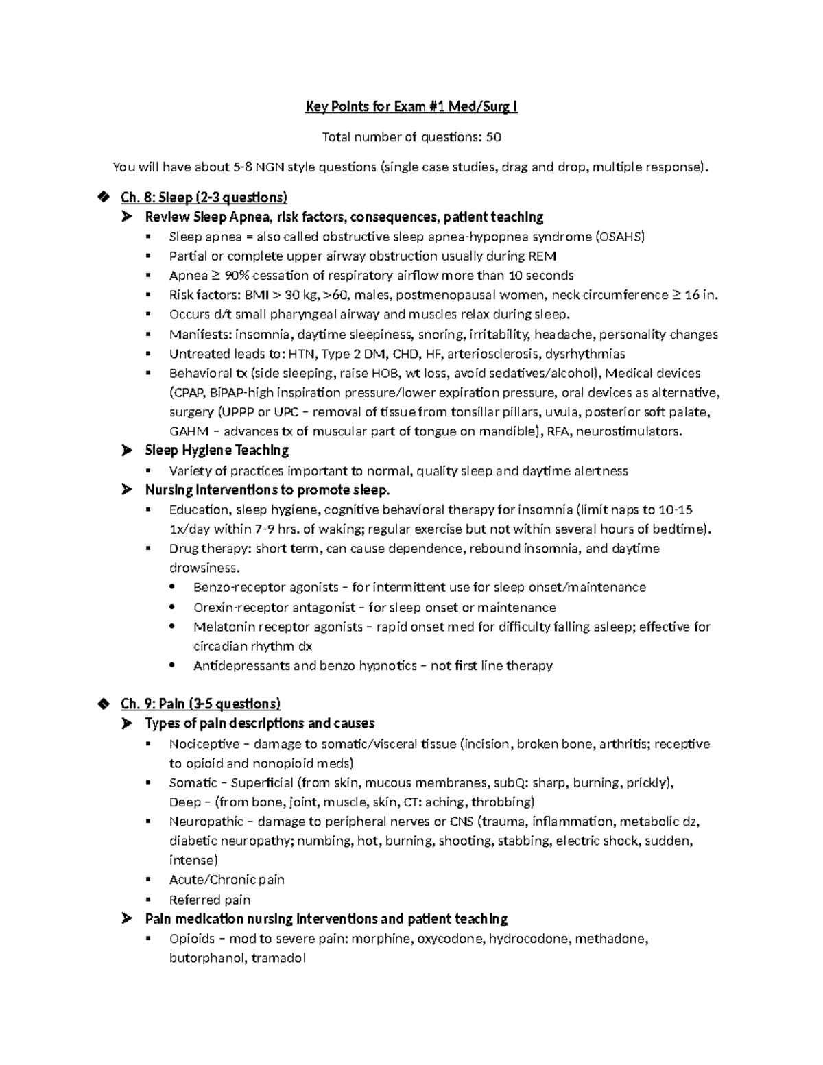 Key Points For Exam 1 Medical Surgical Nursing 1 - Key Points For Exam ...