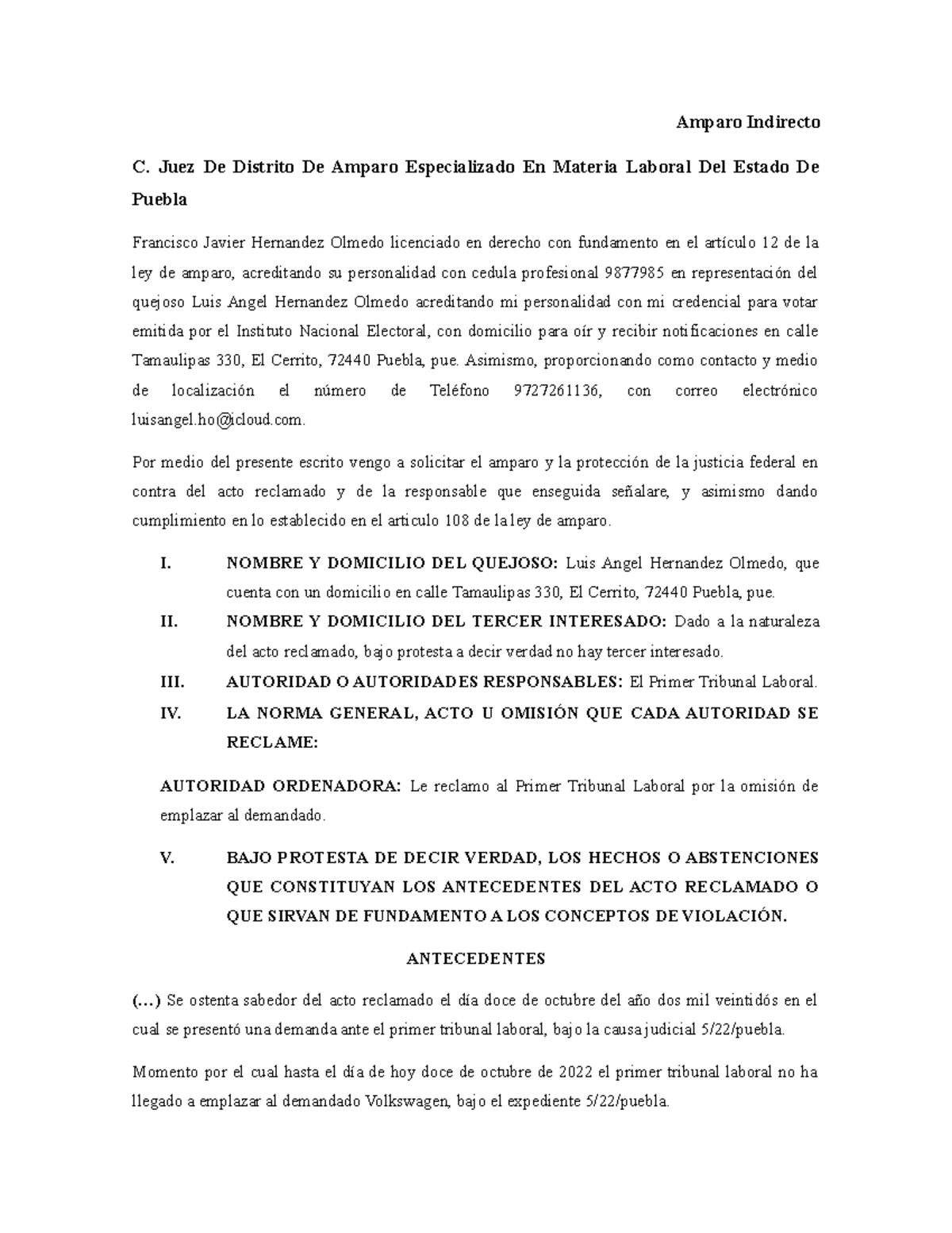 Amparo en materia laboral - Amparo Indirecto C. Juez De Distrito De ...