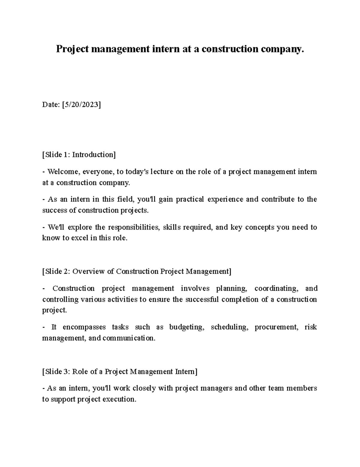 Project management intern at a construction company - Date: [5/20/2023 ...