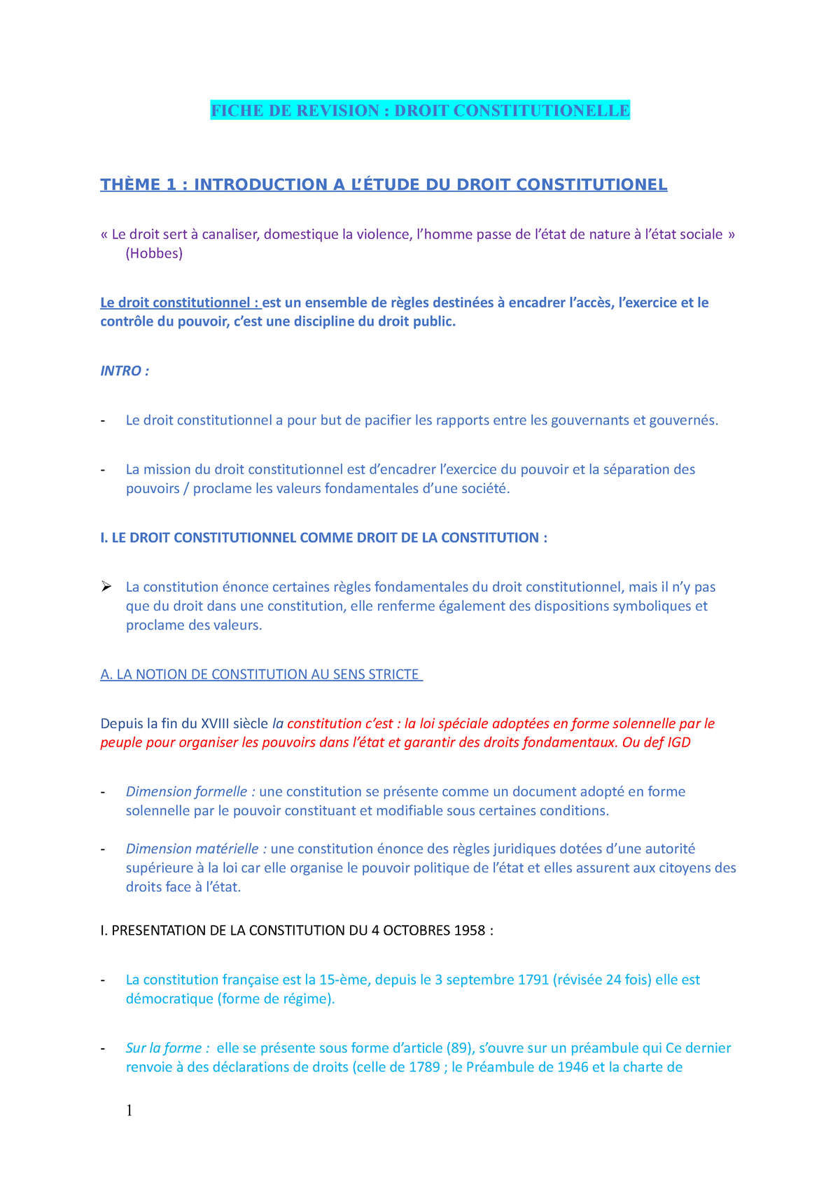 Fiche DE Revision - Résumé Droit Constitutionnel - FICHE DE REVISION ...