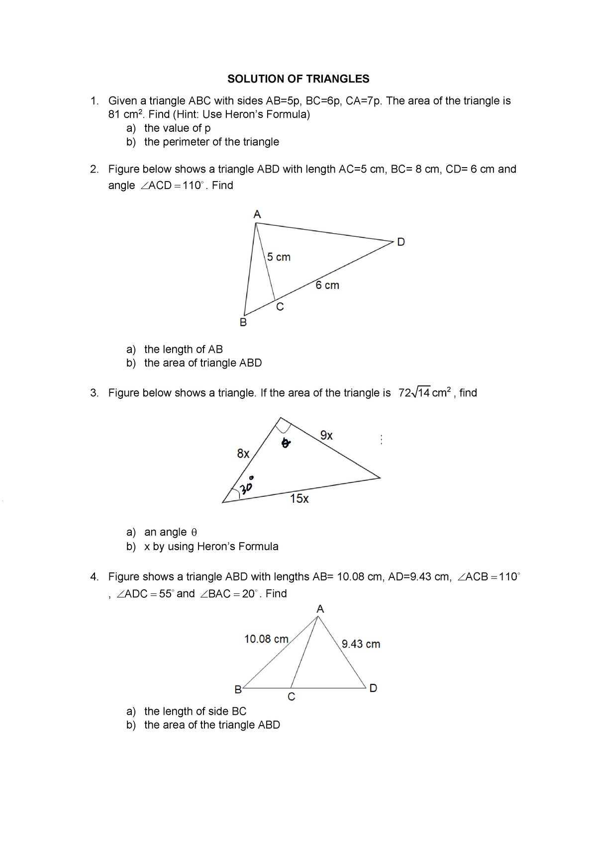 Exercise Solution Of Triangles - SOLUTION OF TRIANGLES Given A Triangle ...