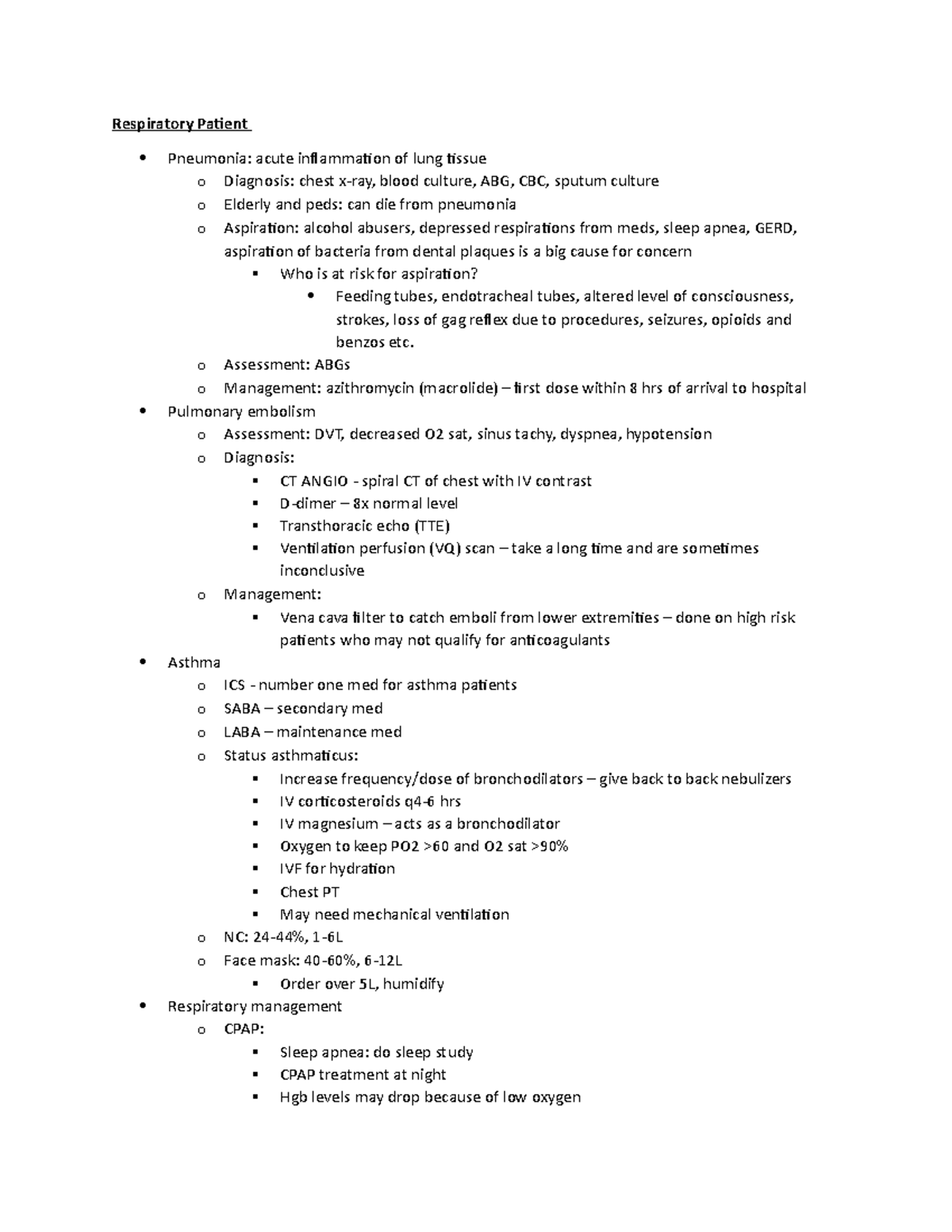 High Acuity Notes for Exam 2 - Respiratory Patient Pneumonia: acute ...