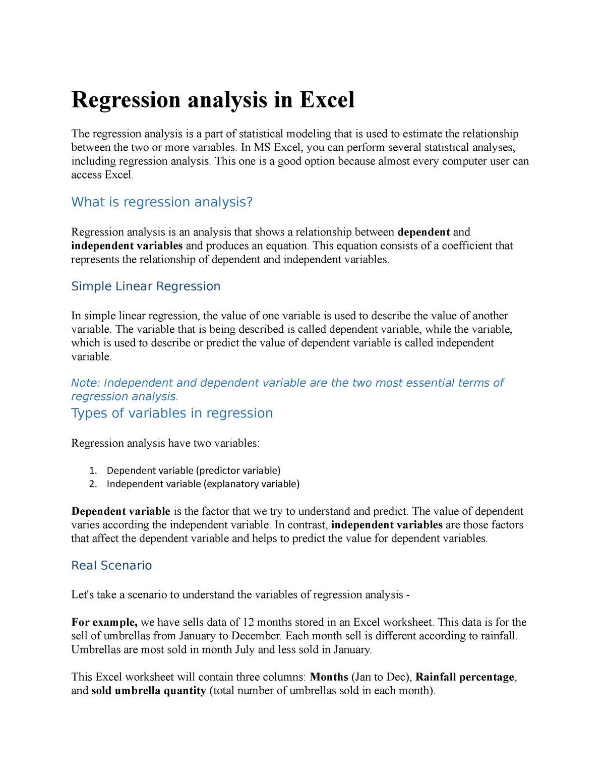 Regression Analysis In Excel In MS Excel You Can Perform Several 