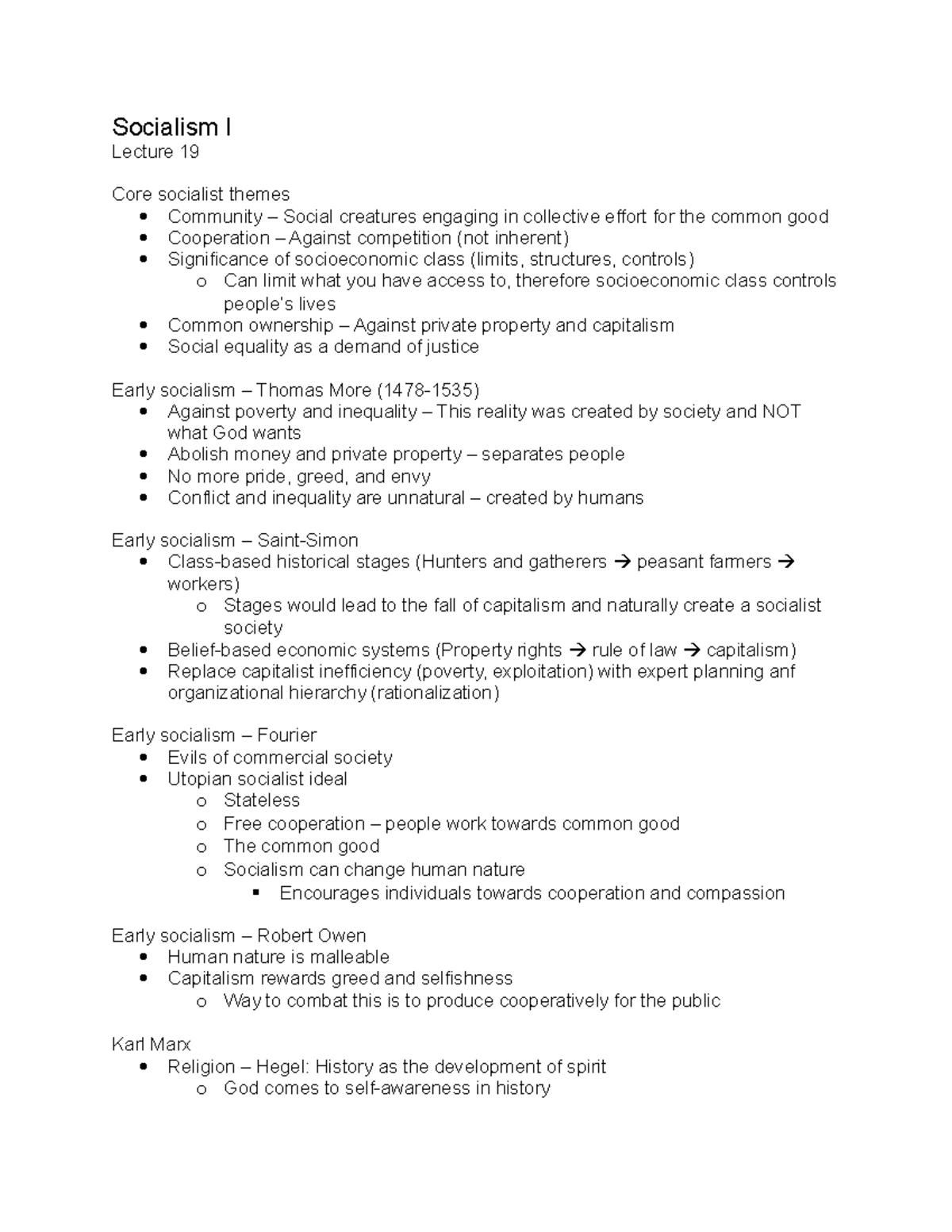 Lecture 19 (Socialism I) - Socialism I Lecture 19 Core socialist themes ...