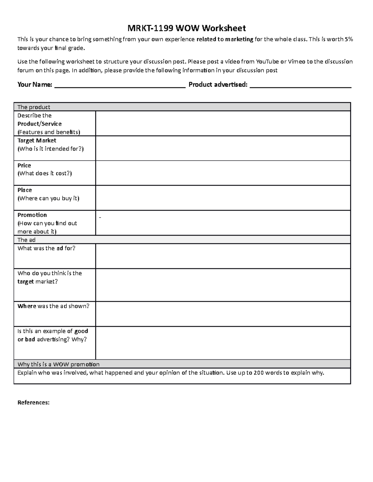 WOW Template foe extra marks- MRKT-1199 WOW Worksheet This is your ...