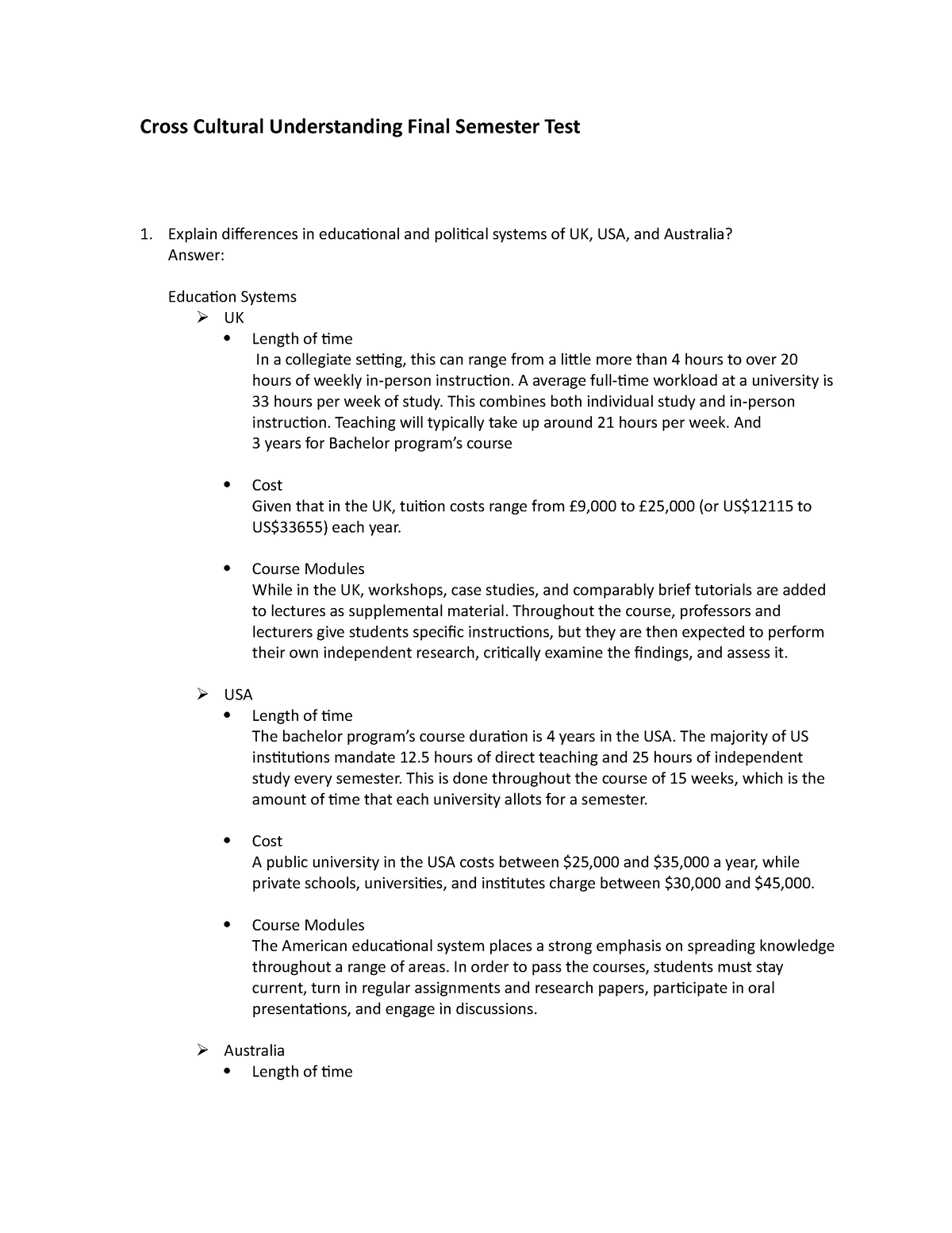 Cross Cultural Understanding Final Semester Test - A Average Full-time ...