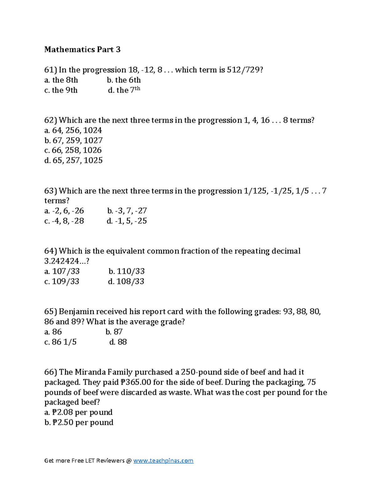 Part 3 Mathematics - LET actual exam - Mathematics Part 3 In the ...