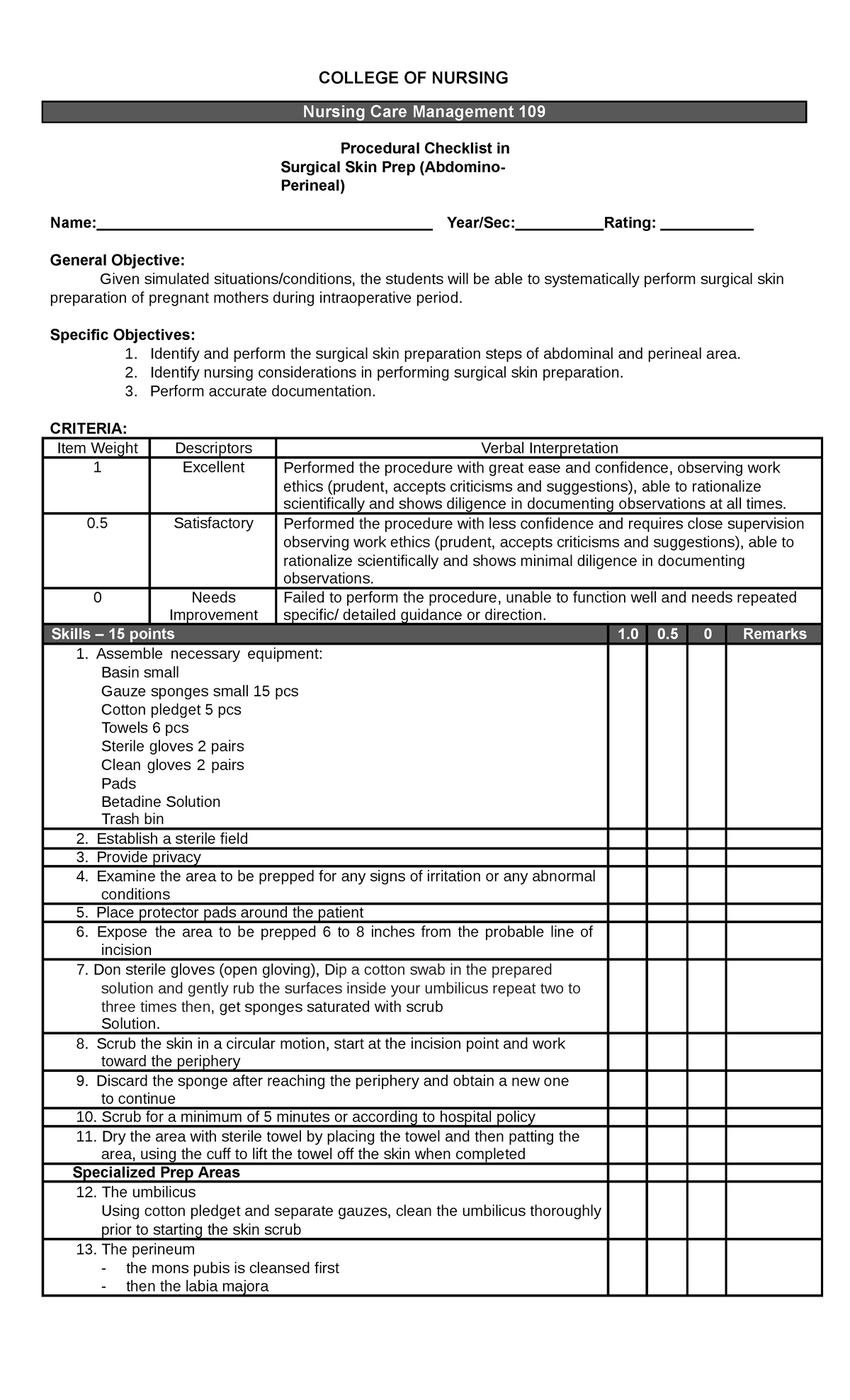 Skin Prep Nebulization Nursing Retdem Checklist - COLLEGE OF NURSING ...