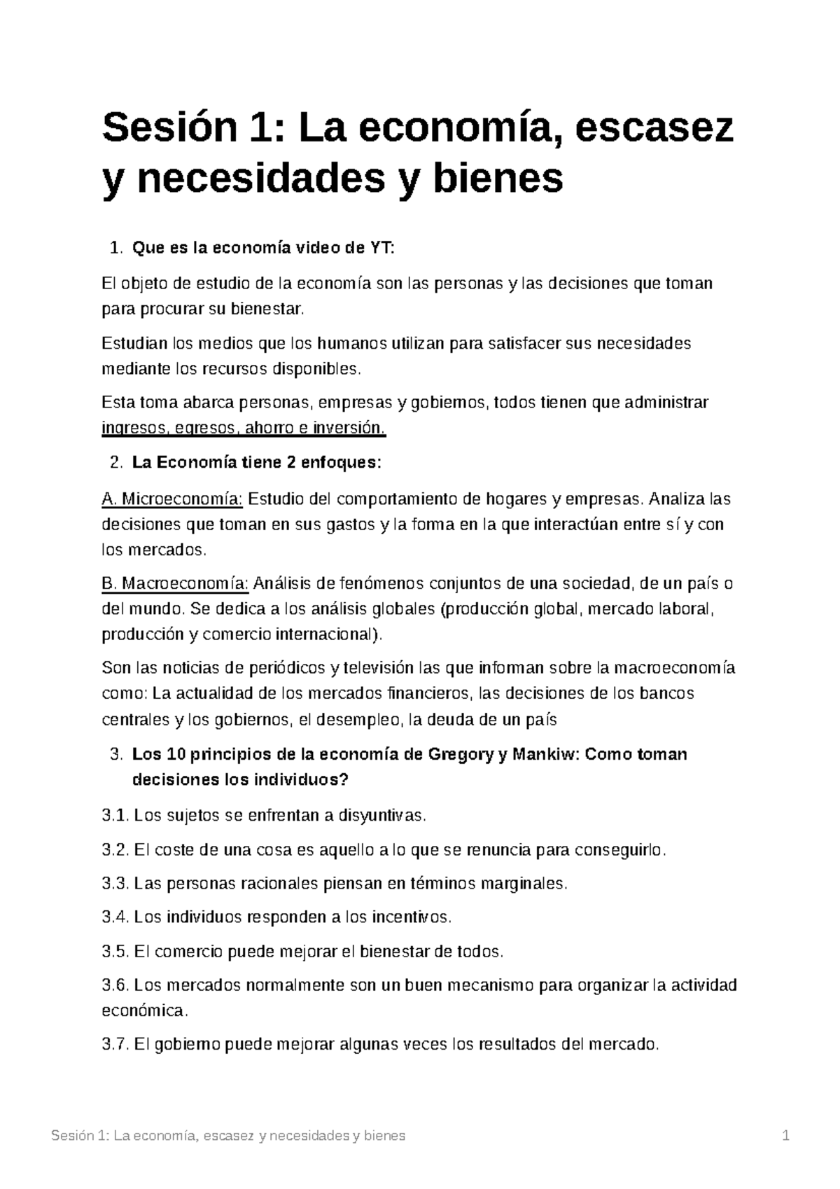 Sesin 1 La Economa Escasez Y Necesidades Y Bienes - Sesión 1: La ...