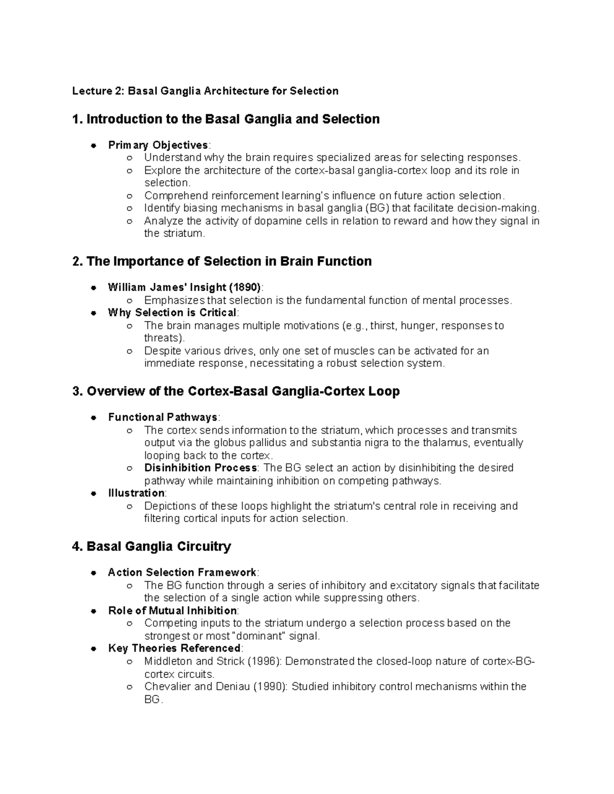 L2 notes Reynolds l2 Lecture 2 Basal Ganglia Architecture for