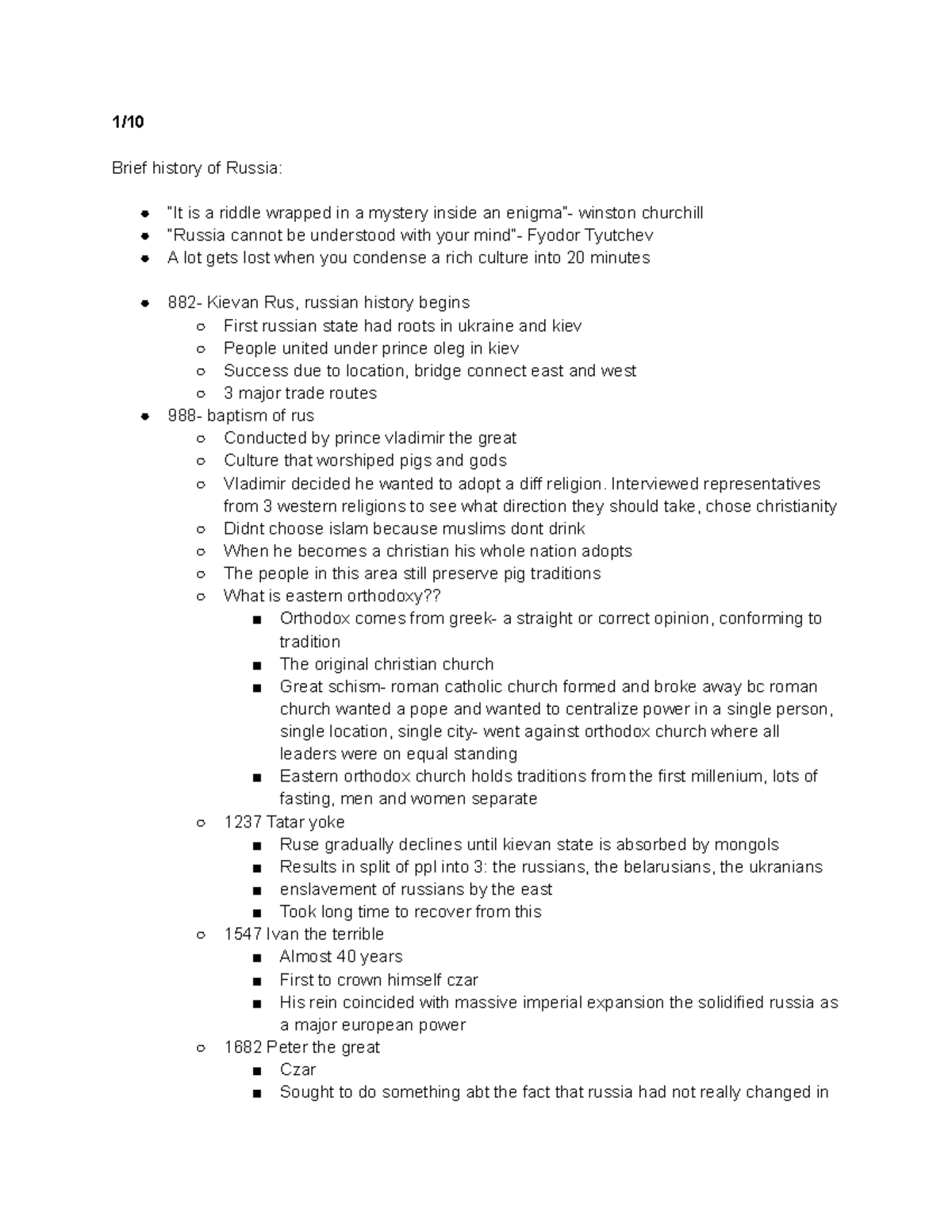 Lecture notes 1 10-2 2 - 1/ Brief history of Russia: “It is a riddle ...