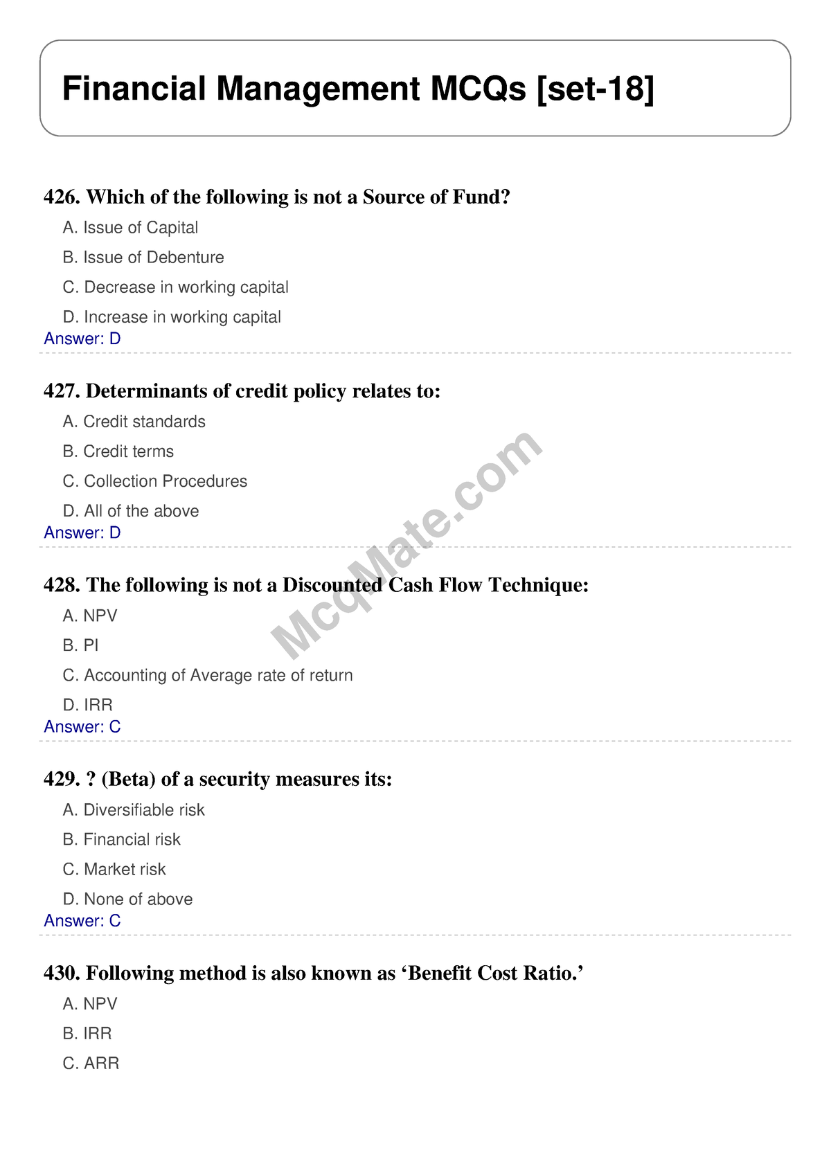 Financial-management-set-18 Mcqmate - McqMate Financial Management MCQs ...