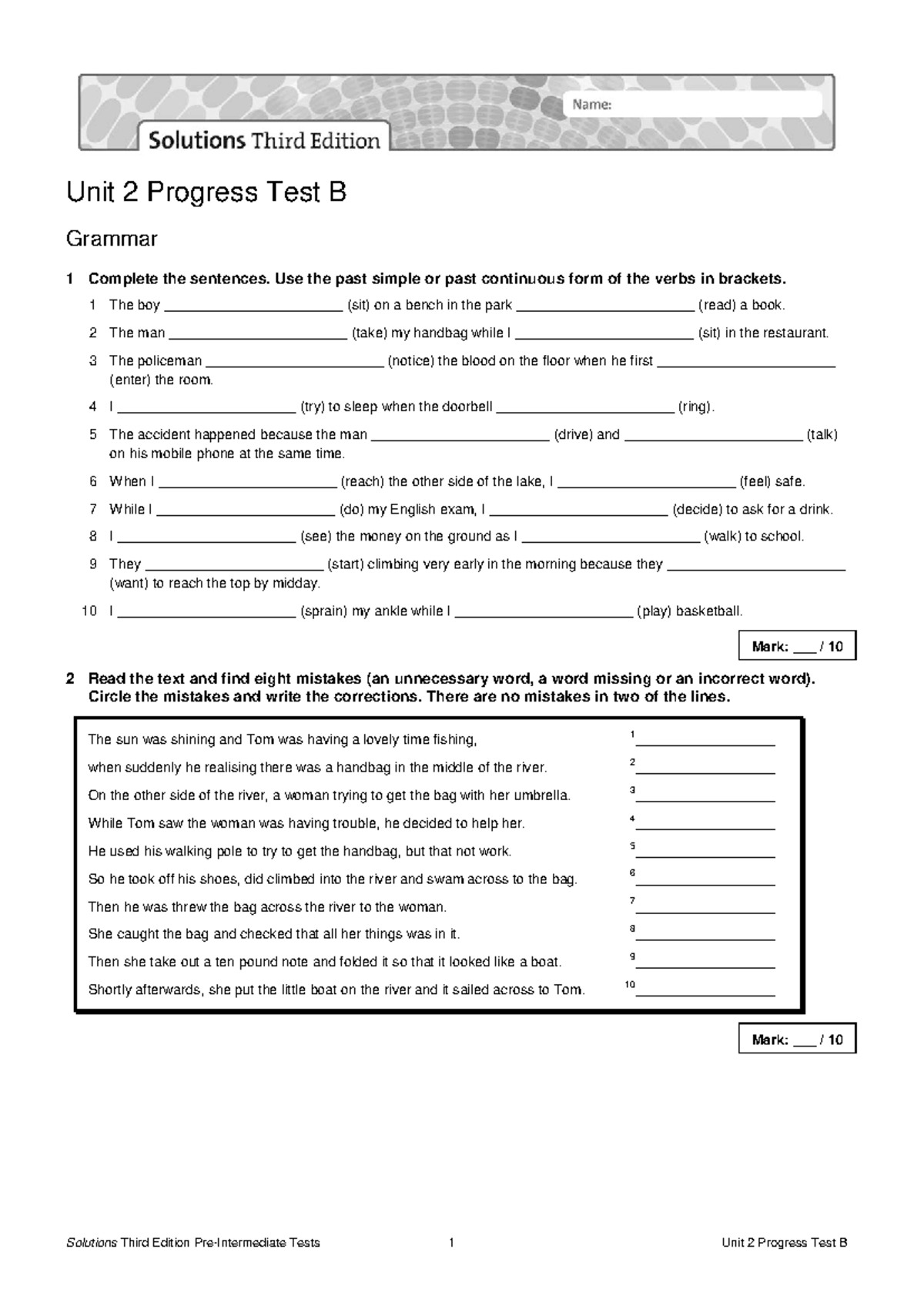 Sol3e preint u2 progress test b - Unit 2 Progress Test B Grammar 1 ...