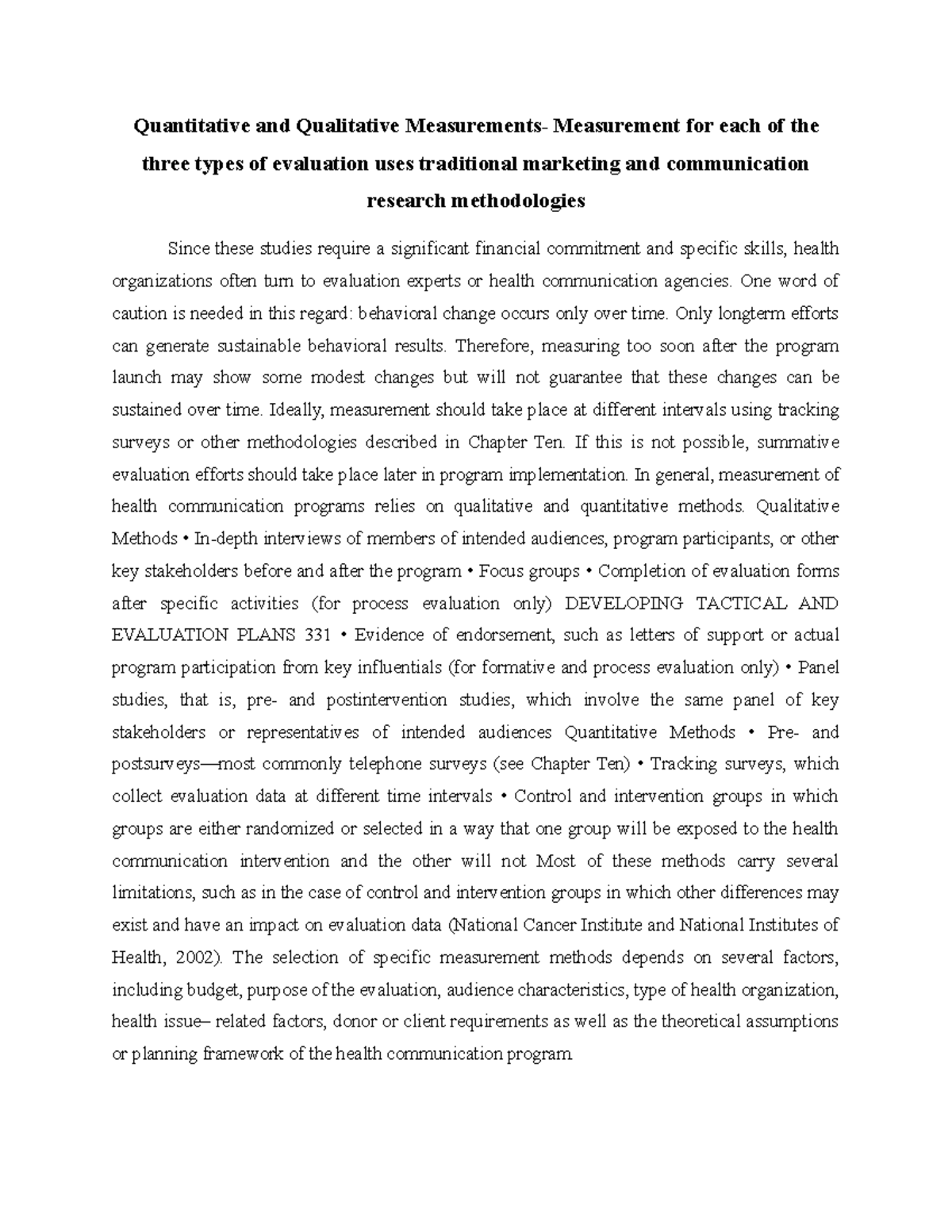 Quantitative and Qualitative Measurements Measurement for each of - One ...
