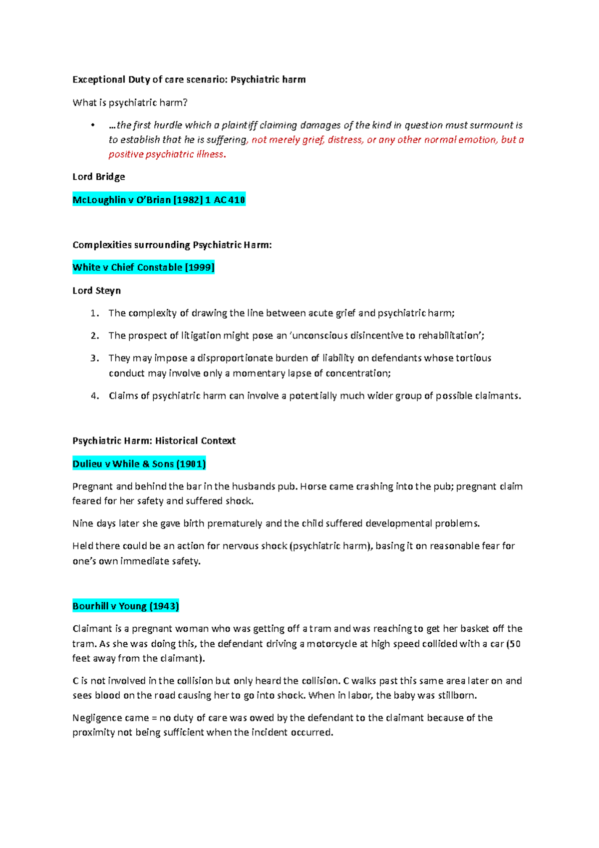 Tort Law Week 4 - Duty Of Care Psychiatric Harm - Exceptional Duty Of ...