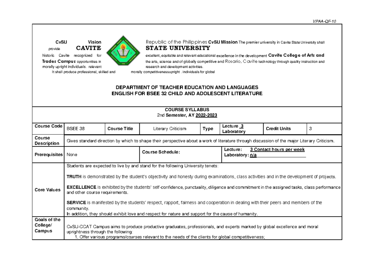 LIT CRIT Syllabus - VPAA-QF- 10 CvSU Vision Republic of the Philippines ...
