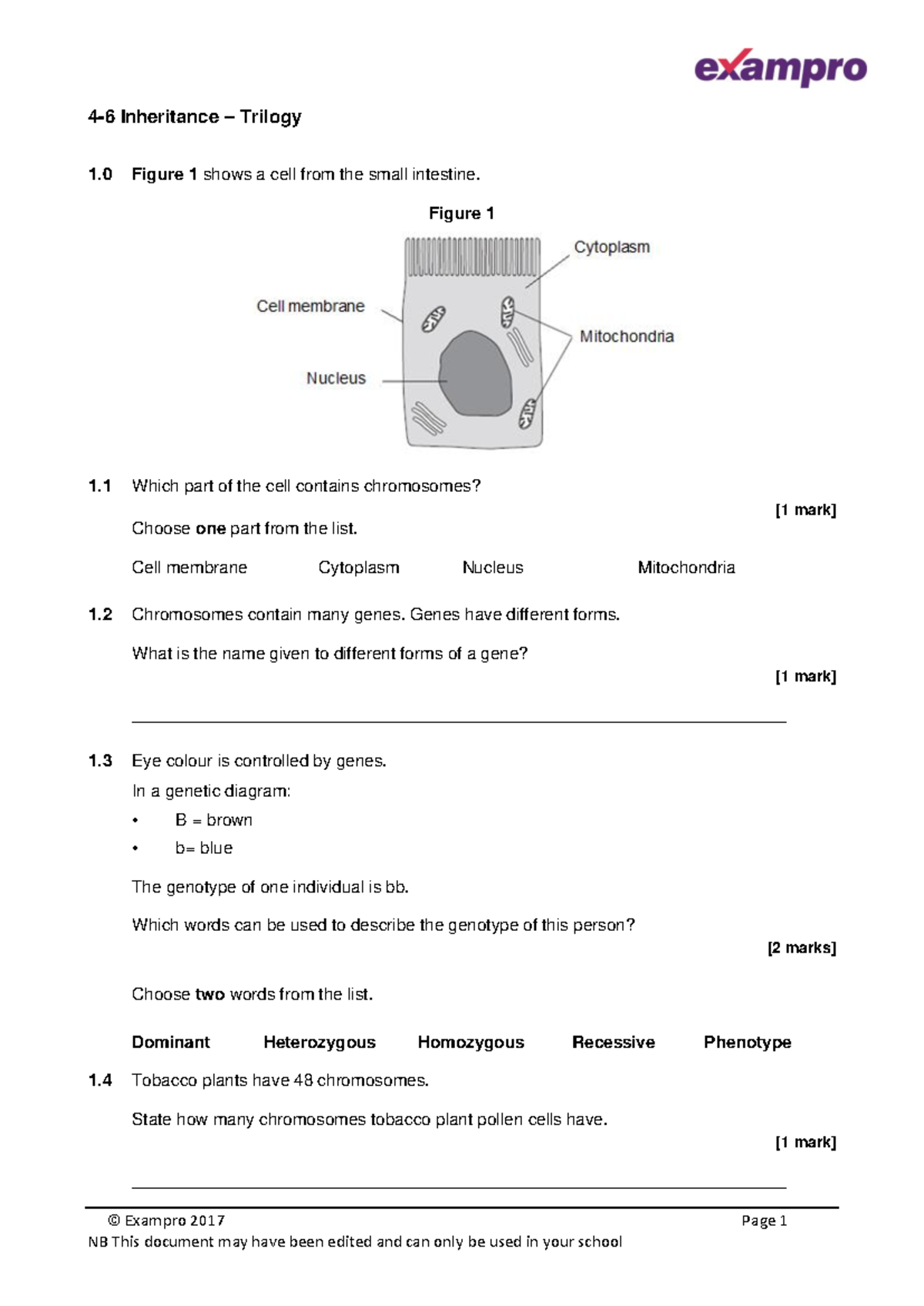 Biology Trilogy Inheritance - © Exampro 2017 Page 1 4 - 6 Inheritance ...