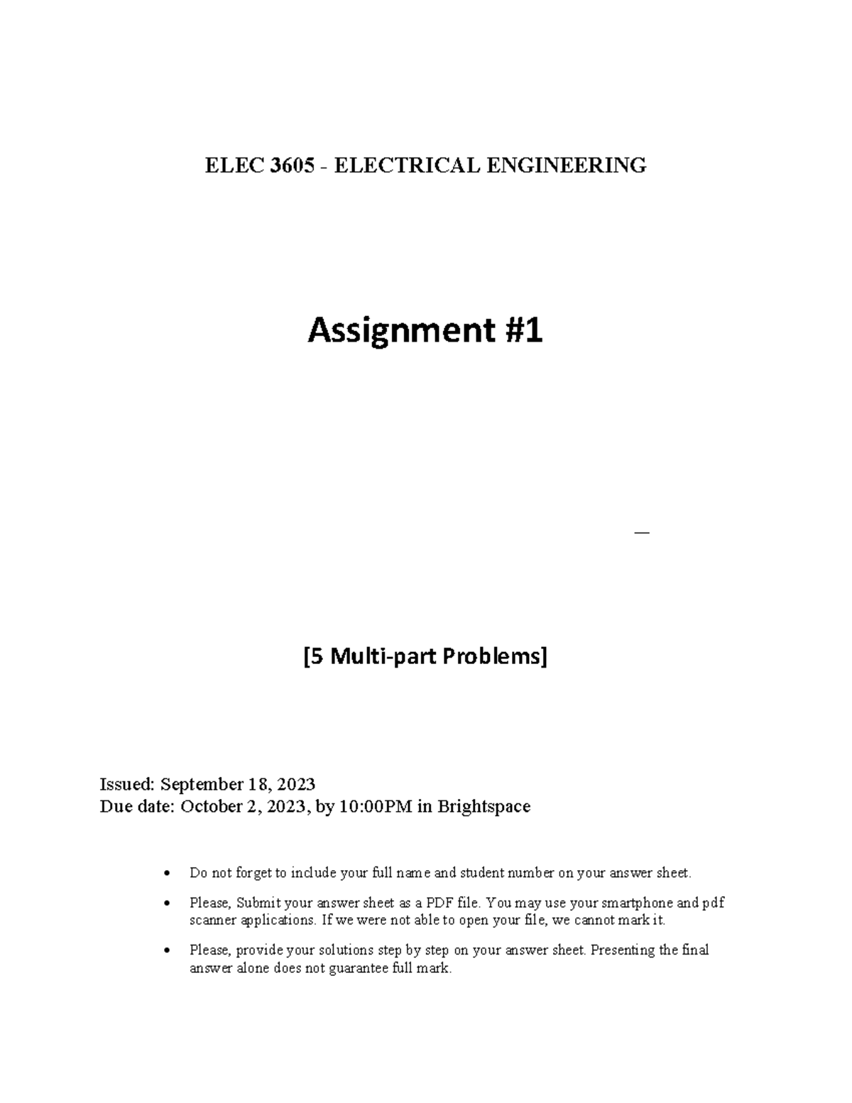 Assignment 1 elec Proff is allen steel, ELEC 3605 ELECTRICAL