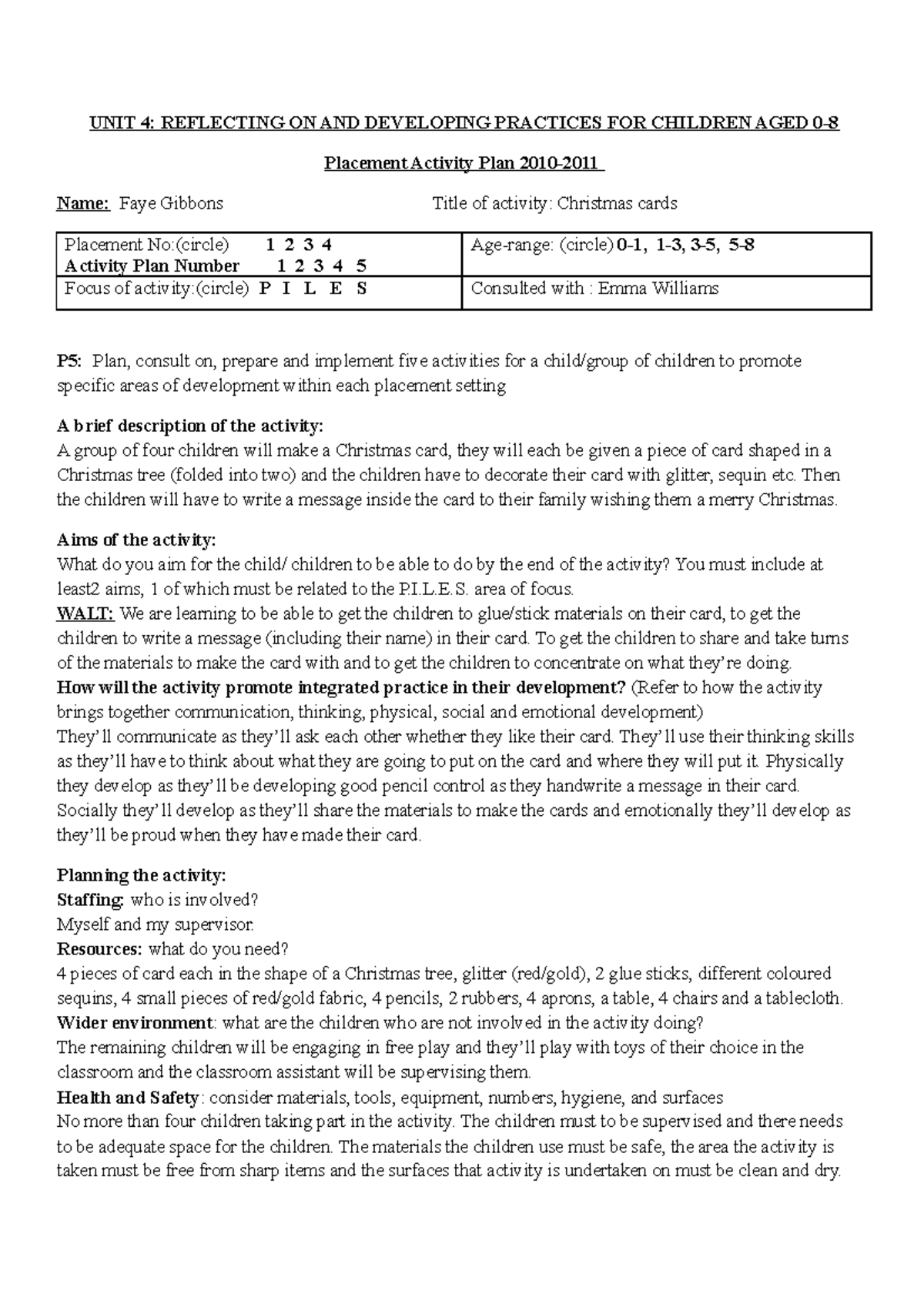 Activity plan 1 - fourth placement - UNIT 4: REFLECTING ON AND ...