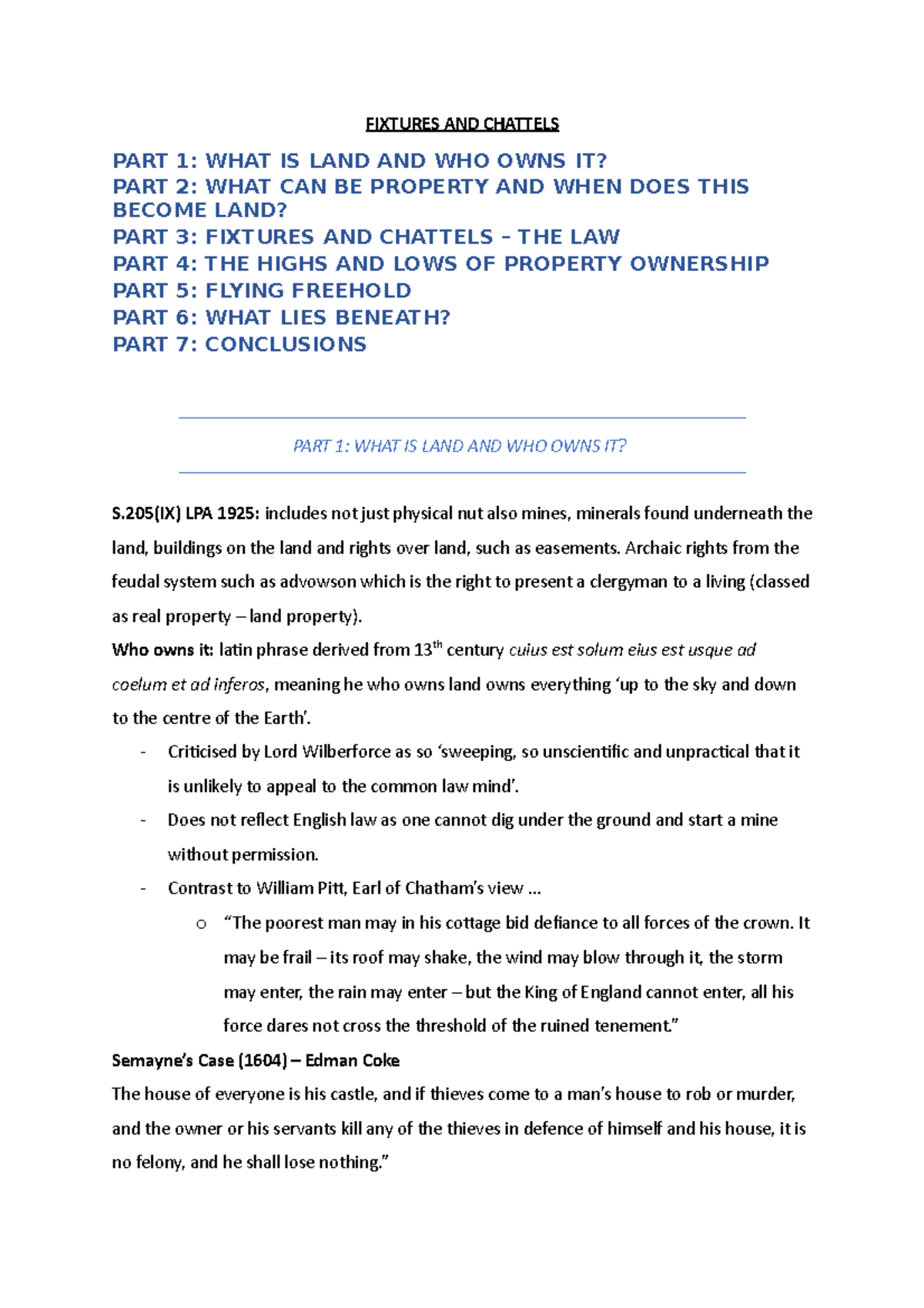 Fixtures and Chattels FIXTURES AND CHATTELS PART 1 WHAT IS LAND AND