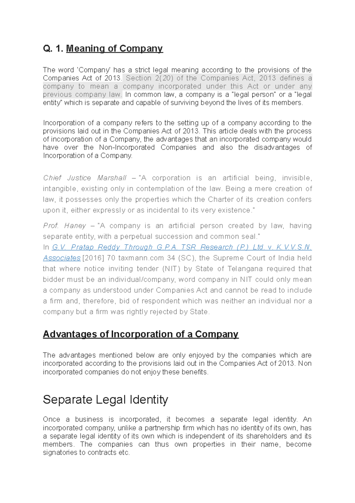 Company Law Notes) Q. 1. Meaning of Company The word has a