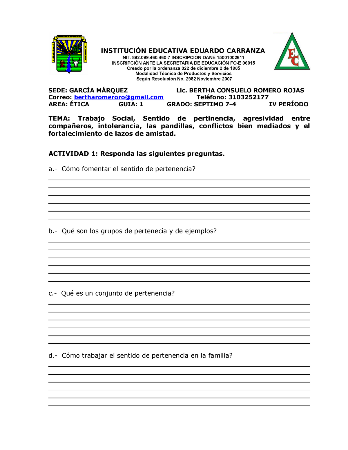 Imprimir Guia De Etica Grado 7 4 N° 1 Iv Periodo InstituciÓn Educativa Eduardo Carranza Nit 6183