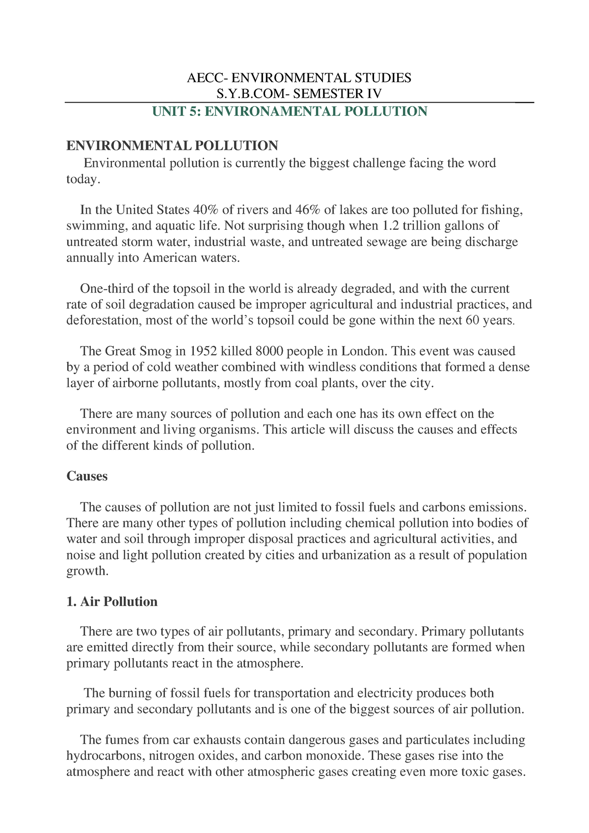 EVS Final Notes SEM IV - Environment - AECC- ENVIRONMENTAL STUDIES S.Y ...